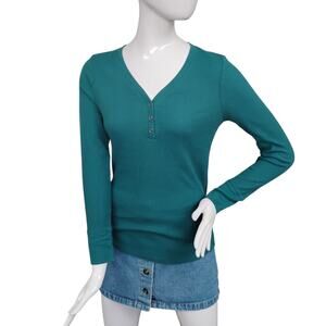 Faded Glory Long Sleeve Thermal Tee Size Medium Teal Green Henley Neckline